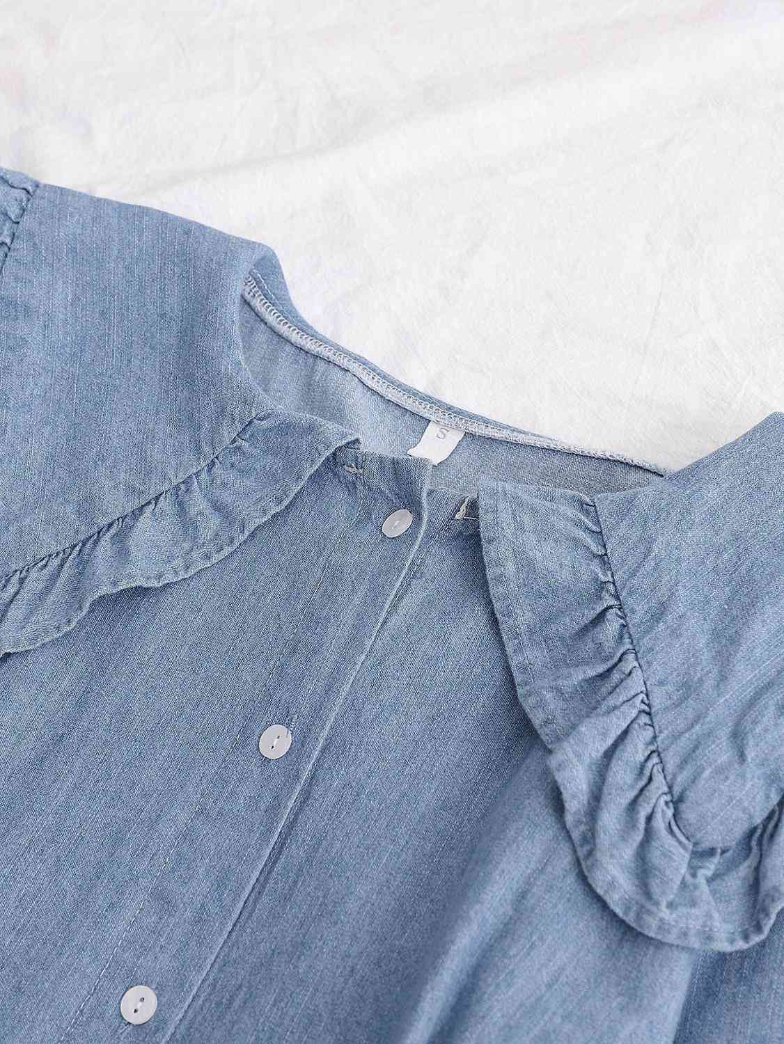 Retro blue Denim Long sleeve Dress Vintage Woman Ruffles Peter Pan Collar Ruched Single-breasted Button Shirt Short Dresses 210429