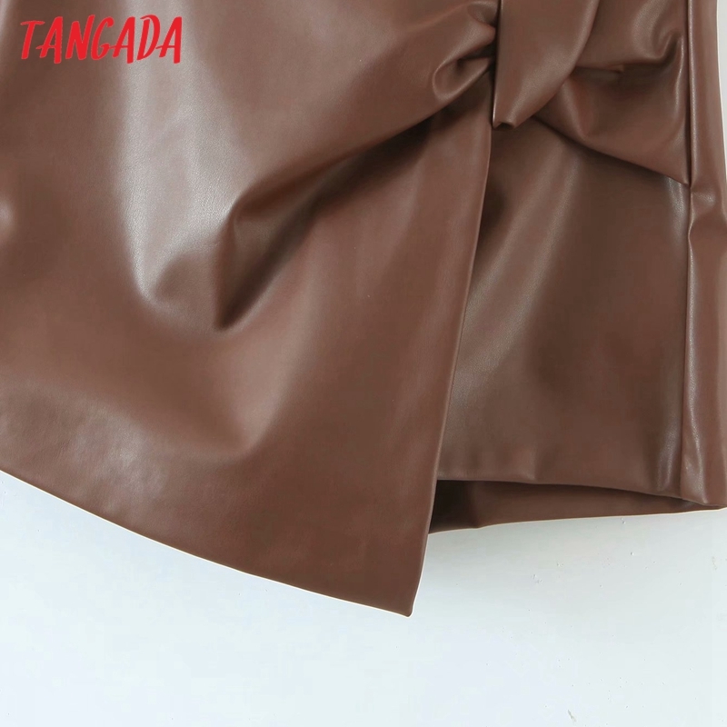 Women Faux Leather Brown Skirts Bow Zipper French Style Female Mini Skirt QD04 210416