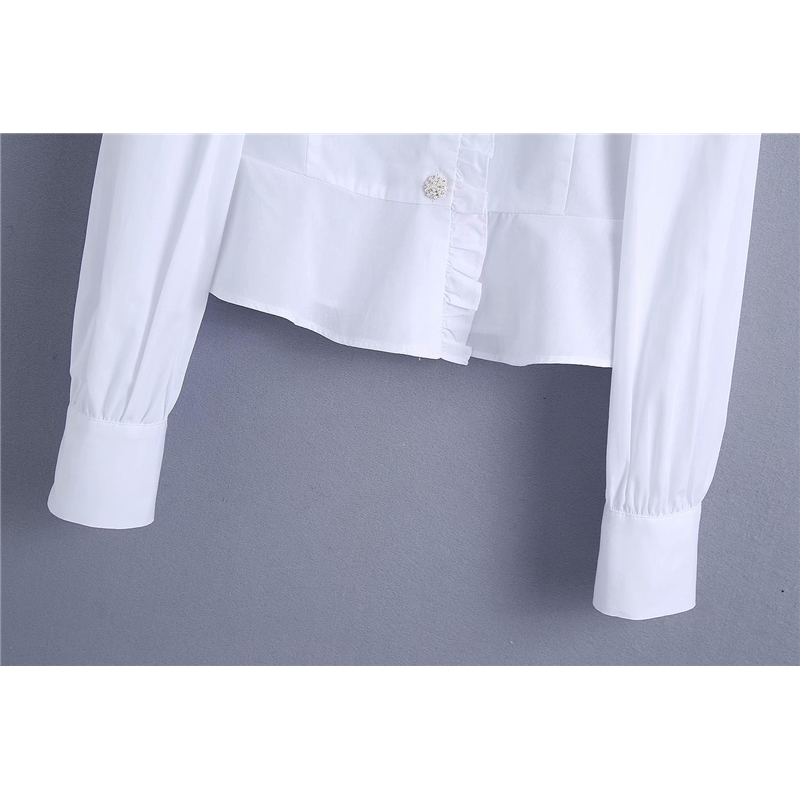 Elegant Women Solid White Patchwork Shirts Fashion Ladies Pearl Button Tops Streetwear Female Chic Ruffles Blouses 210430