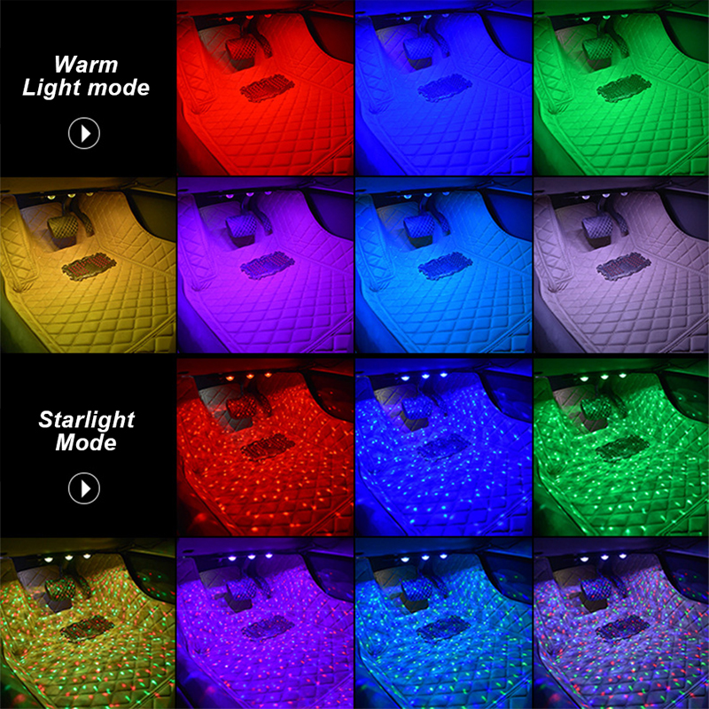 4pcs Car Foot Lamp Ambient Light With USB Wireless Remote RGB Music Control Multiple Modes Auto Interior Decorative Neon Lights