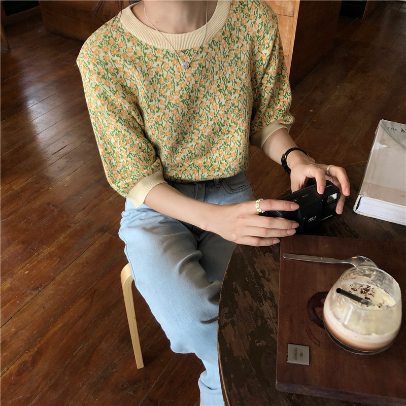 Knitted T Shirt Women Floral Korean Elegant All Match Ropa Mujer Summer Tops Fashion T-shirt Ladies 16910 210415