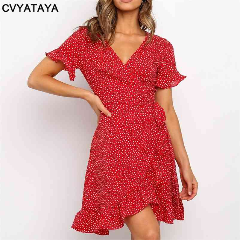 Boho Ruffles Wrap Summer Dress Sexy V Neck Short Sleeve Floral Printed A Line Self Tie Mini Red Dresses For Women Vestidos 210331