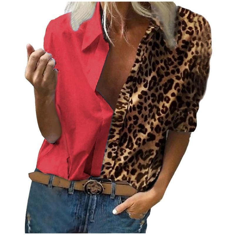 Women's Blouses & Shirts Womens Leopard Patchwork Blouse Casual V Neck Long Sleeve Tops Lady Elegant Office Blusa Plus Size 5XL T72N