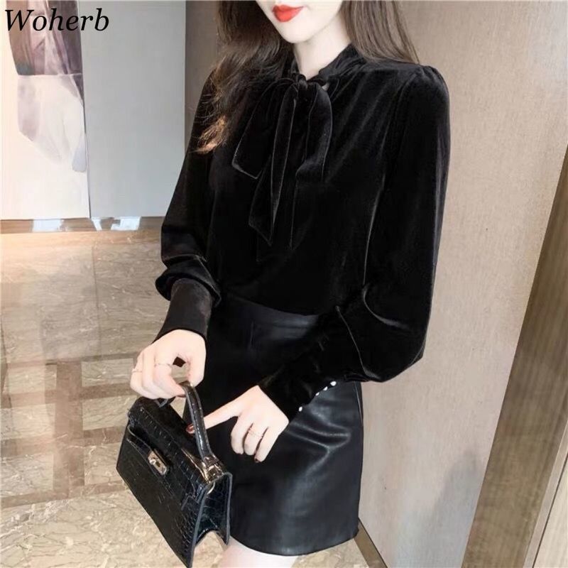 Blusas Mujer De Moda Pleuche Shirt Puff Sleeve Bow Plus Velvet Thicked Blouses Women Lace Up Black Blouse Tops 4G712 210519