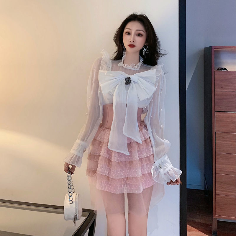 Spring French Elegant Fashion Suits Women Bow Shirts+Mini Skirts Korean Style 2 Piece Sets Female Kawaii Lolita Costume Y2k 210521
