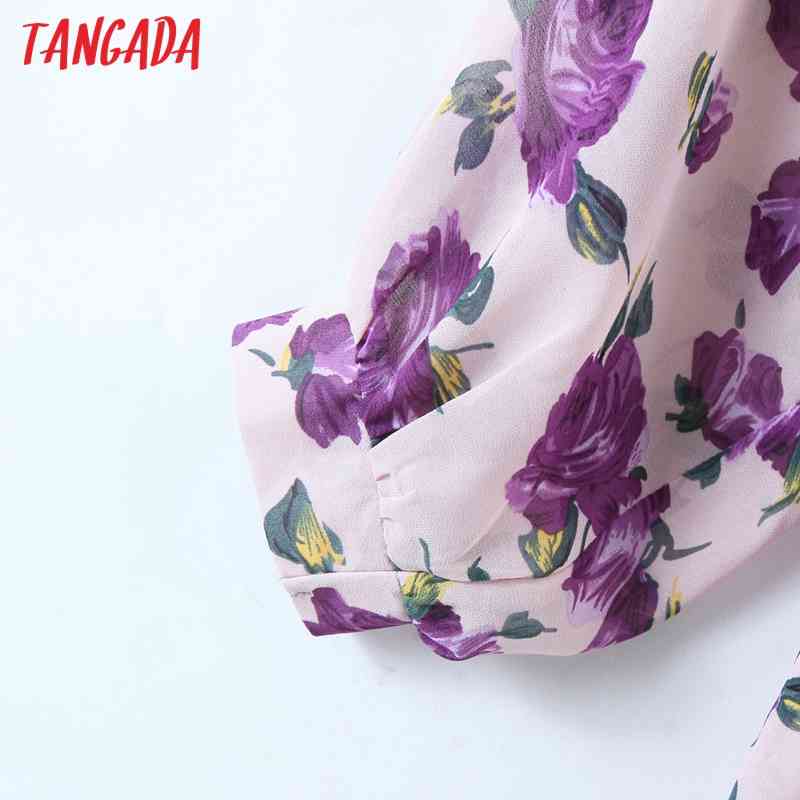 Women Retro Purple Flowers Print Chiffon Shirt Blouse Long Sleeve Chic Female Tops SL545 210416