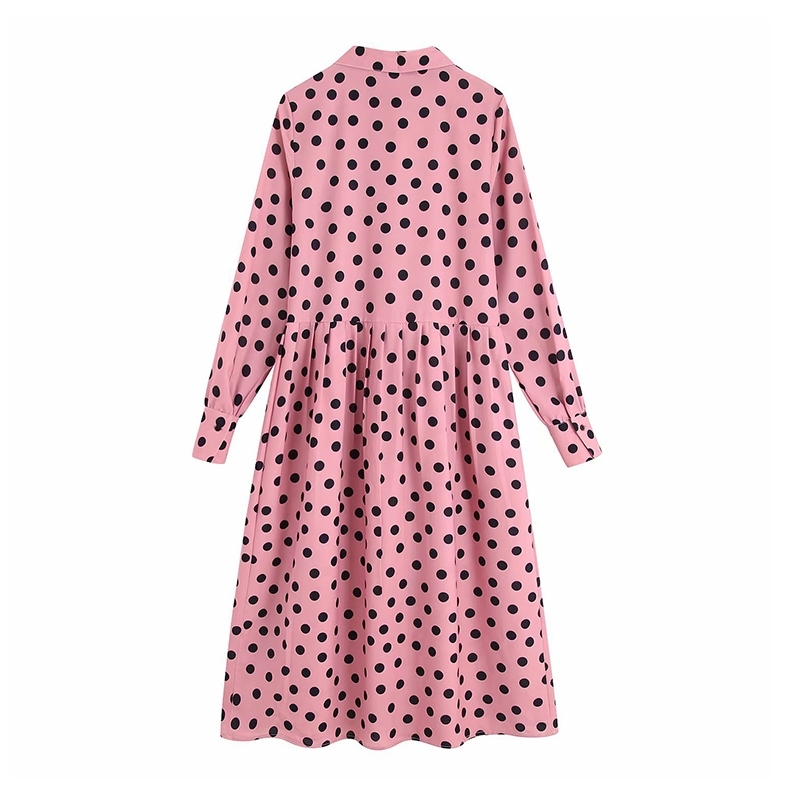 Polka Dot Print Women Shirt Dress Bow Tie Collar Long Sleeve Pleated Dress Vintage Ladies Midi Office Dresses Vestidos 210414