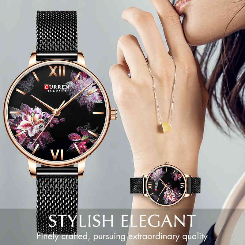 CURREN Ladies Flower Watches Women Stainless Steel Bracelet Wristwatch Women's Fashion Quartz Clock Rose Gold Reloj Mujer 210517, L-khaki watch