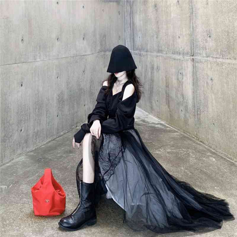 Spring High Waist Black Multilayer Mesh Temperament Long Skirt Women Fashion Elegant Casual Skirts Female 210519