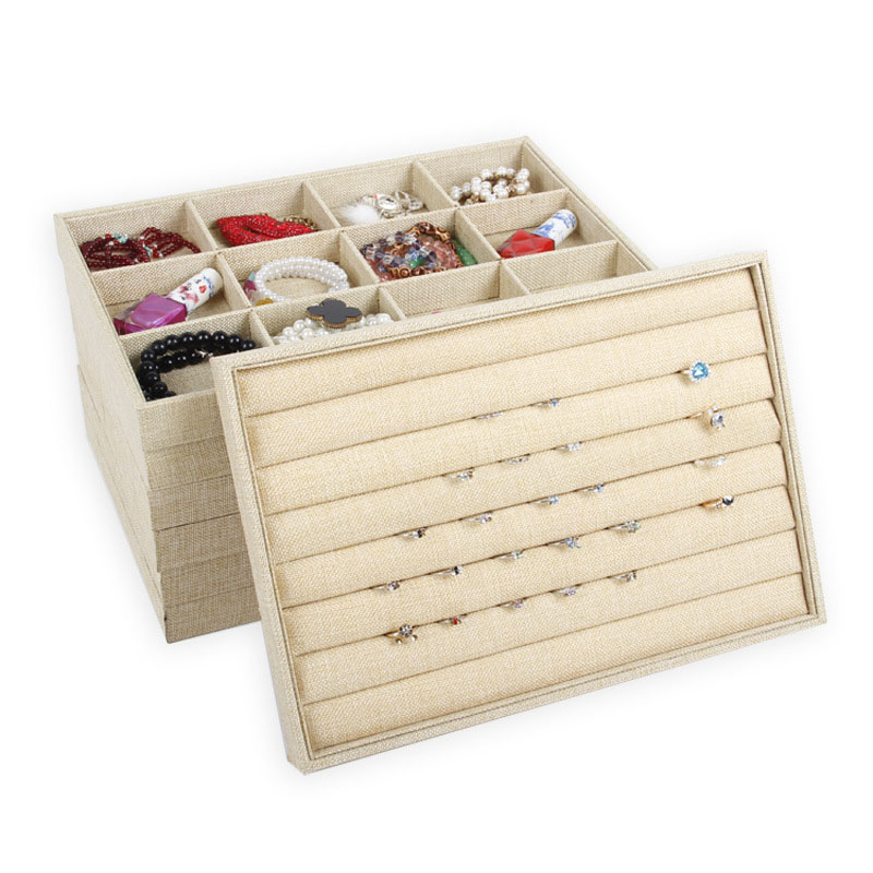 Luxury Beige Linen Jewelry Display Tray for Ring Necklace Pendant Earring Combination Showcase Storage Jewelry Organizer