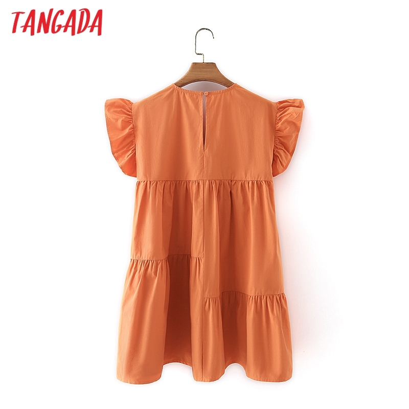Summer Women Orange V Neck Ruffles Short Sleeve Ladies Mini Dress Vestidos 5X50 210416