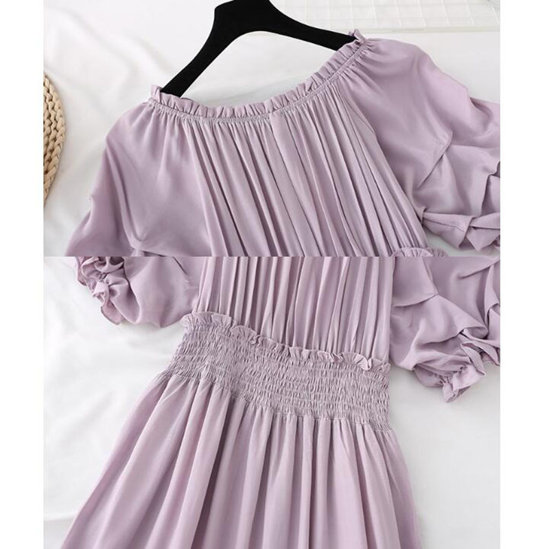 Fashion Summer Vintage Cotton linen Dress Elegant Ruffle off-the-shoulder Midi Long Dress Pleated Casual Dress Vestido 210521