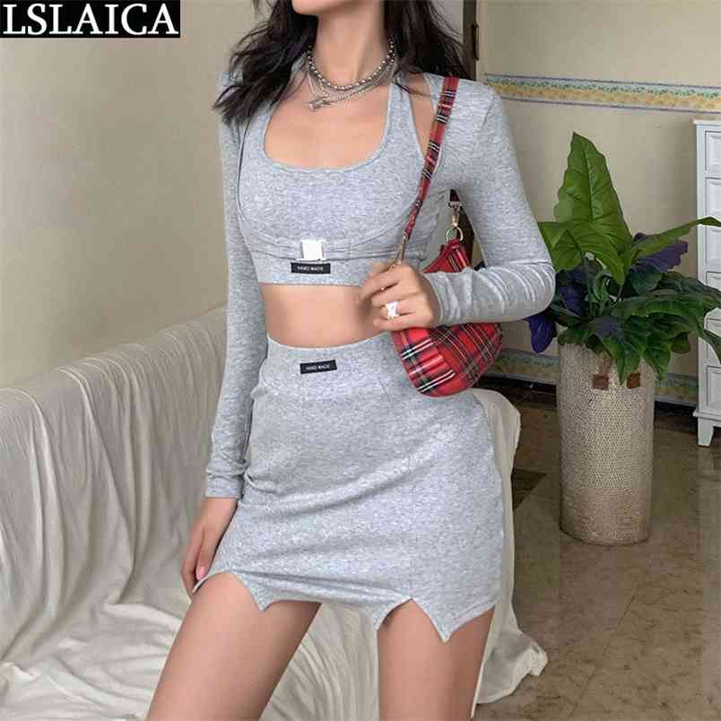 Short Sets For Women Exposed Navel Halter Top&Short Skirt Two Peice Solid Color Knit Causal Party 2 Piece Femme 210515