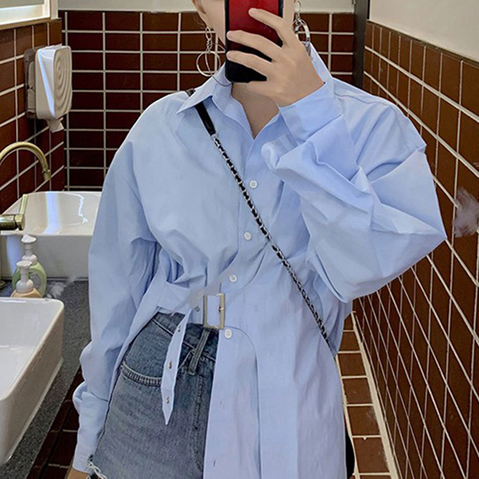 Free Chic Women's Shirt Blusas Lapel Long Sleeve Simple Fashion Blue Irregular Top Autumn 210524