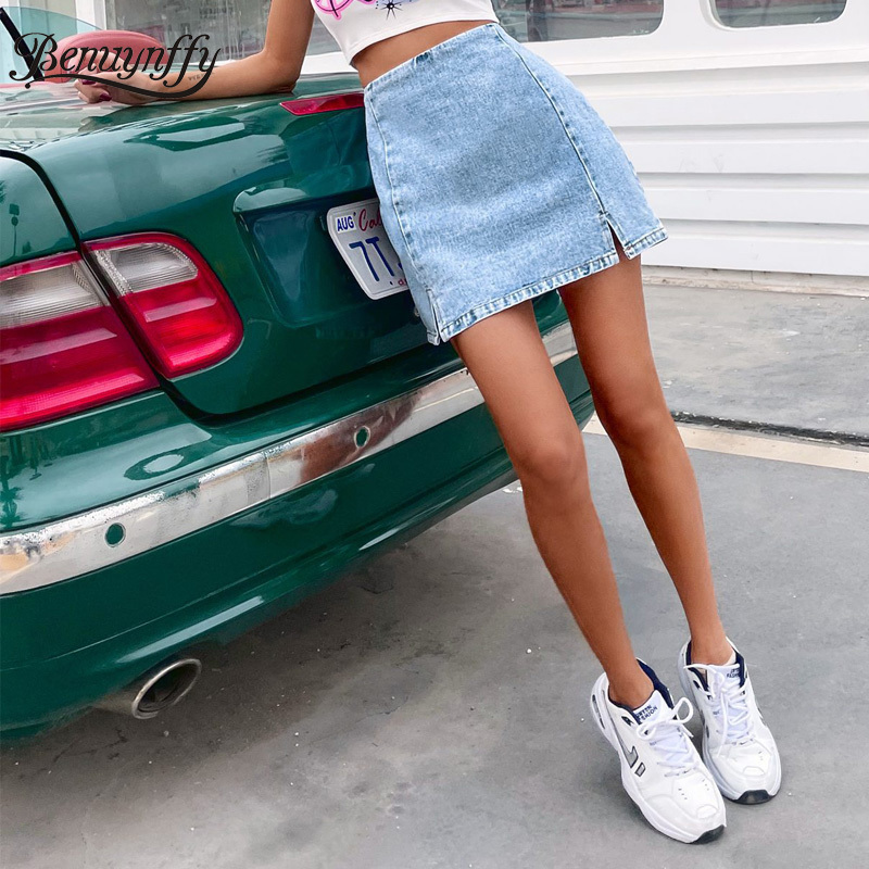 Zipper Back Split Denim Skirts Women Summer Fashion Street Female High Waist Y2K Mini Jean Skirt 210510
