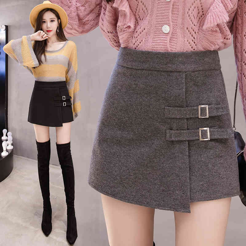 Harajuku Black High Waist Skirt Woolen Short Skirts Womens Fall Winter Korean Fashion Wool Mini Skirts Lolita Kawaii Women Skirt 210408