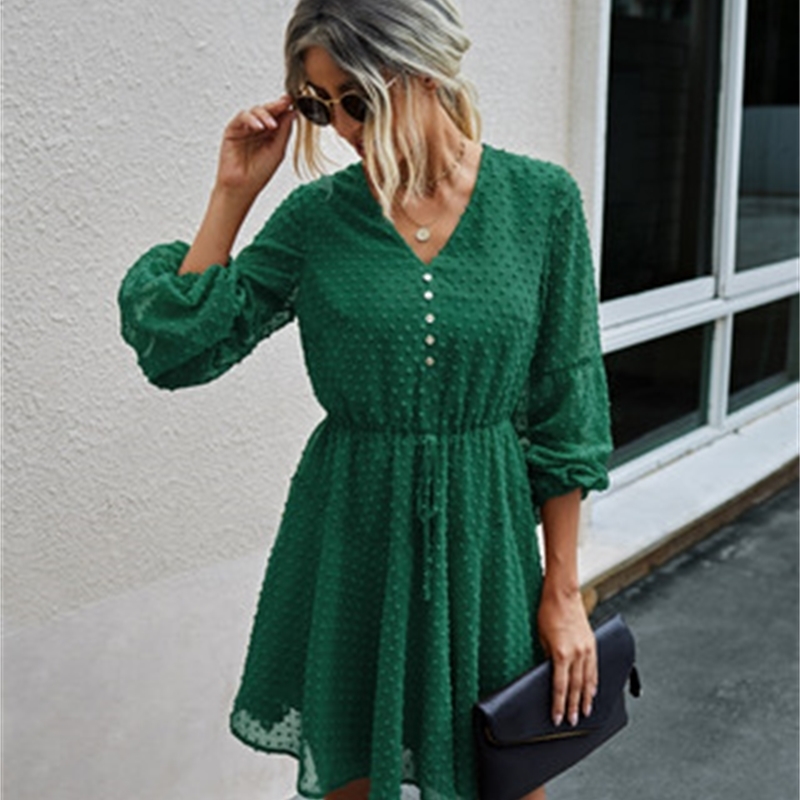 Fashion V-Neck Long Sleeve Solid Color Women's Dress Autumn Lovely Sweet Cute Lantern Princess Fold Mini 210522