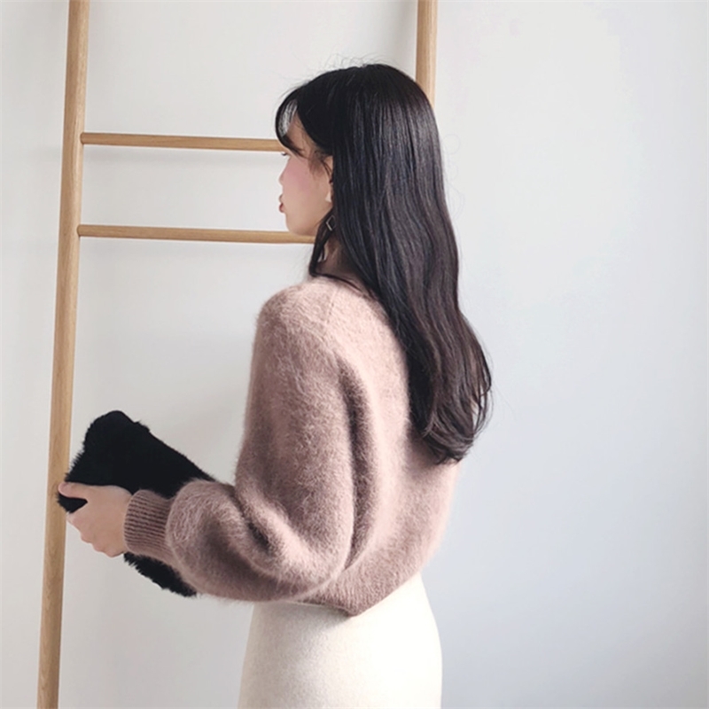 Elegant Long Sleeve Mohair Sweater Women Single-Breasted Female Short Cardigan Soft Flexible Knitted Mujer Sute 210520