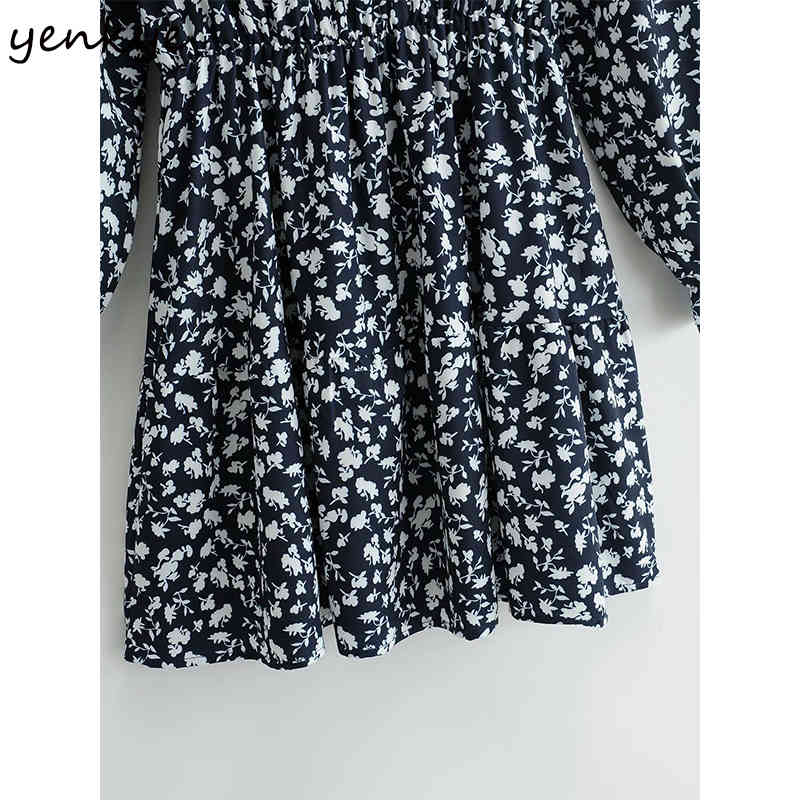 YENKYE Vintage Floral Print Dress Women Lace Up V Neck Long Sleeve Elastic Waist A-line Casual Dress Plus Size Summer Vestido 210515