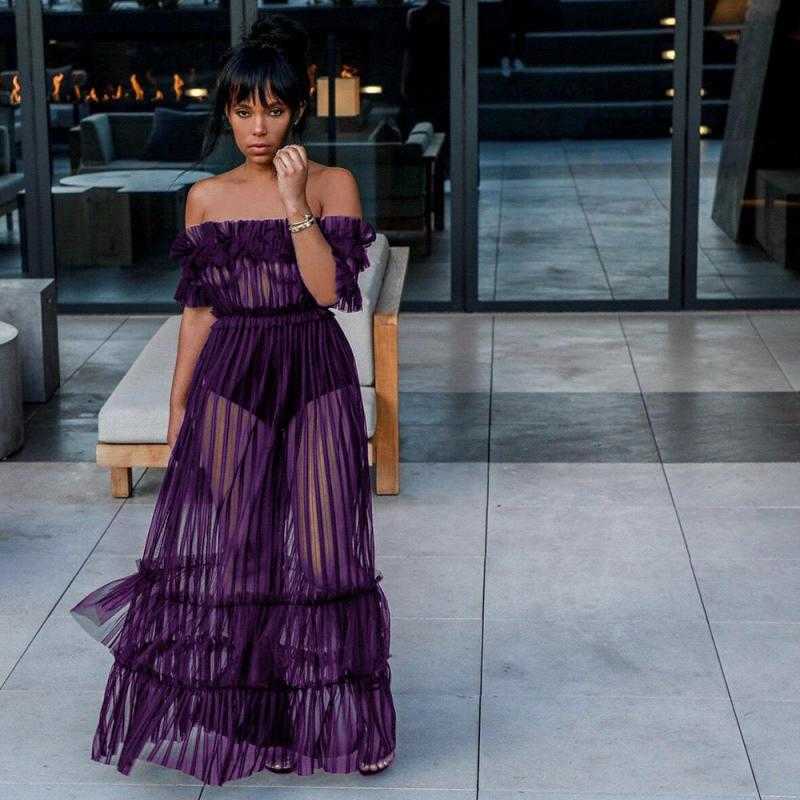 Women Dress Gauze Hollow Out Sexy Slash Neck Off The Shoulder Long Fashion Party es Summer 210524