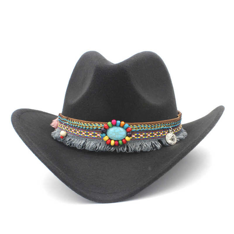 Child Wool Hollow Western Cowboy Hat with Tassel Belt Kids Girl Jazz Hat Cowgirl Sombrero Cap Size 52-54cm for 4-8 Years Q0805