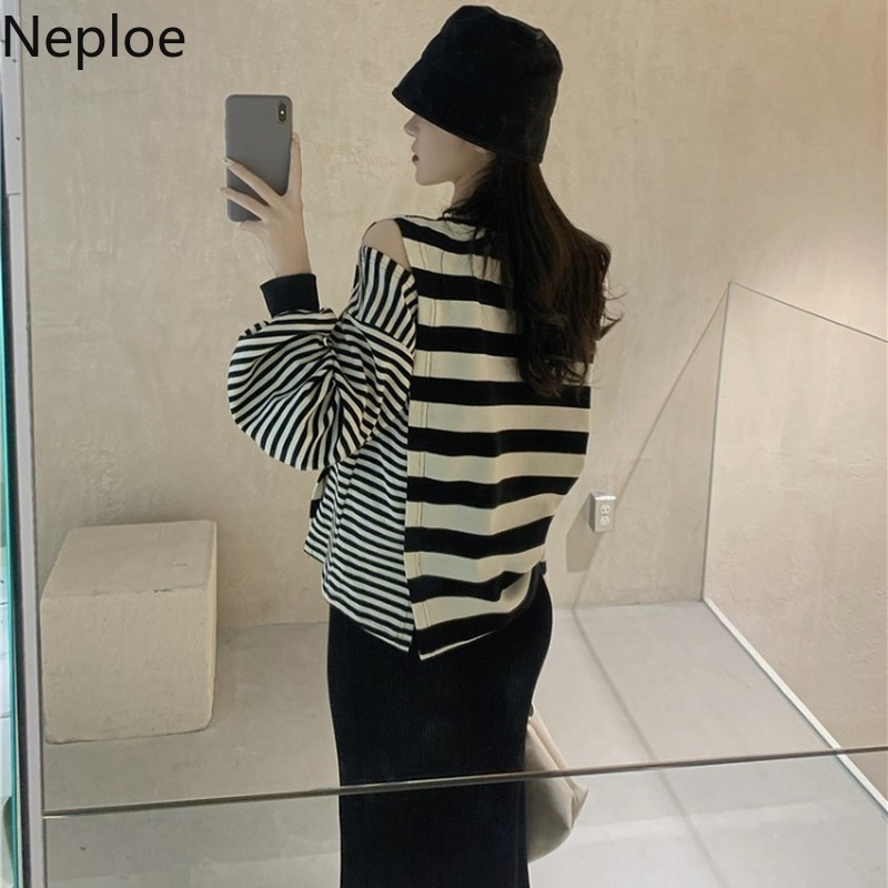 Neploe Woman Sweater Autumn Winter Clothes Sexy Off Shoulder Striped Knitted Pullovers Loose Casual Jumper Korean Sueter Coat 210422