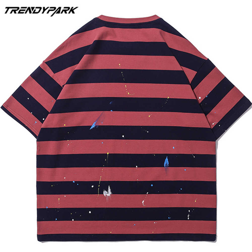 Men's T-shirt Summer Short Sleeve Striped Tee Hip Hop Oversized Cotton Casual Harajuku Streetwear Top Tshirts Clothing 210601