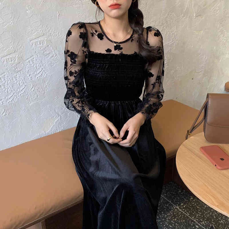 Elegant Black Velvet Dress Women Fashion Korean Chic Floral Mesh Sleeve Autumn Retro Vestidos Sexy Dresses 210519