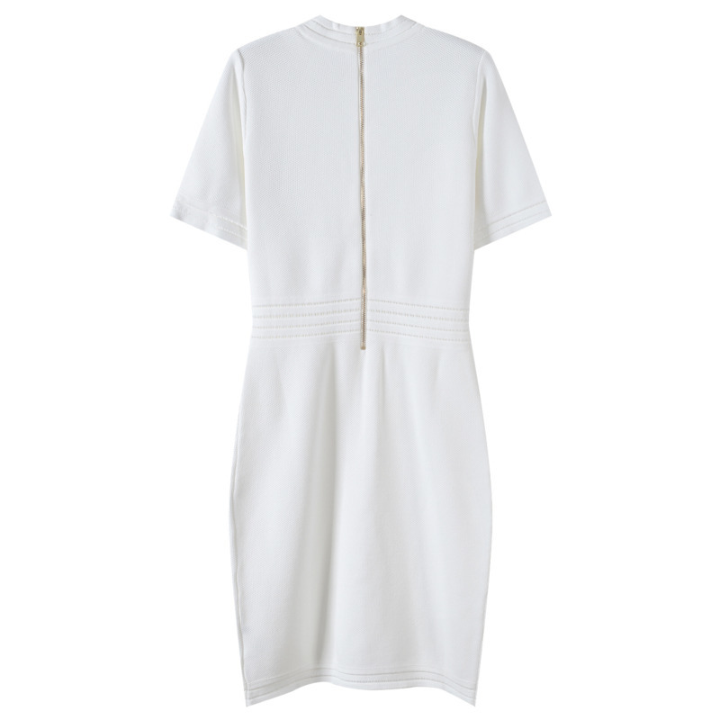 DEAT spring and summer fashion women clothes short sleeves V-neck single breasted zippers pullover slim white dress 210428