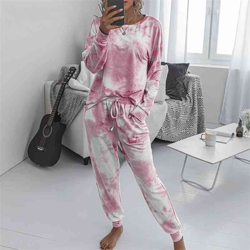 Wonder casual Tie-dye suits plus size loose long sleeve pink over elastic waist ladies 210510