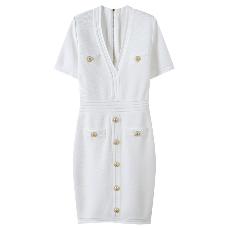 DEAT spring and summer fashion women clothes short sleeves V-neck single breasted zippers pullover slim white dress 210428