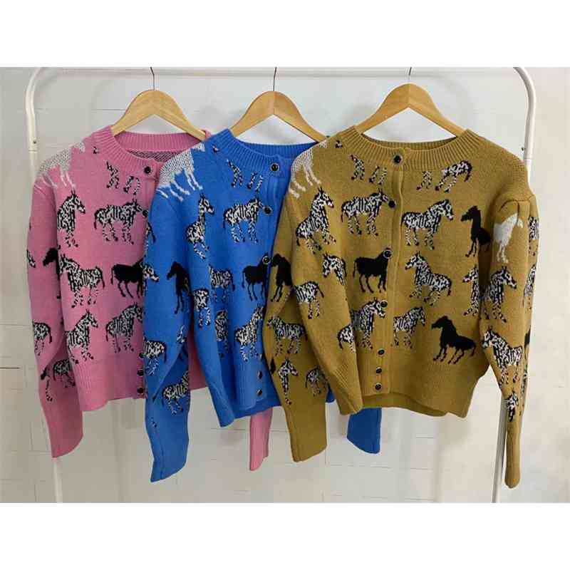 Zebra Knitted Single-breasted Women Cardigan Sweater Spring Autumn Full Sleeve O-neck Korean Vintage Elegant Fashion Jumper 210514