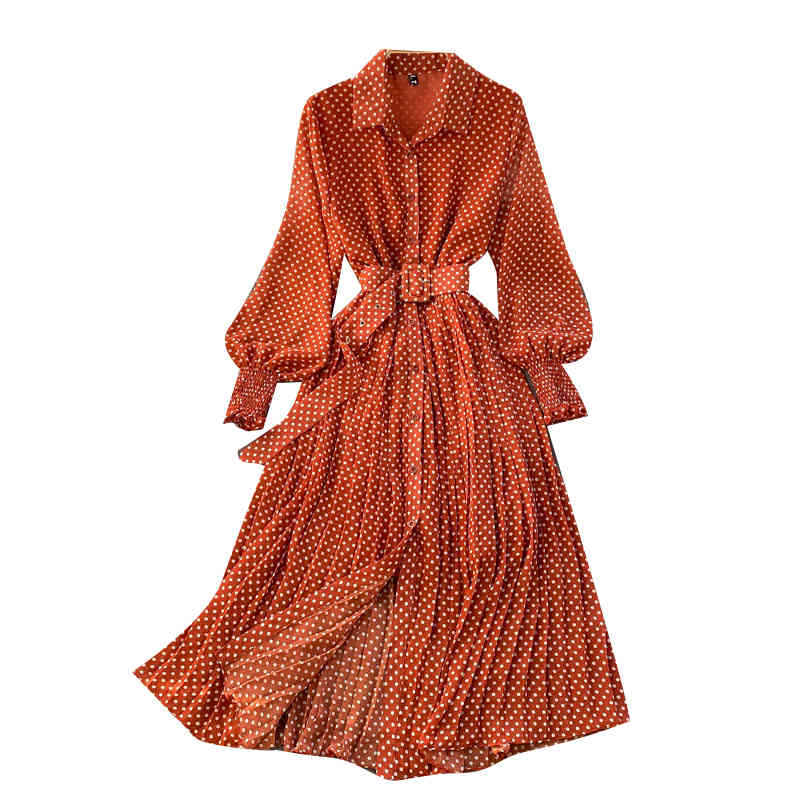 Spring And Summer French Vintage Maxi Dress Sundress Ladies Long Sleeve Orange Polka Dot Chiffon Pleated Dresses Femme Robe 210409