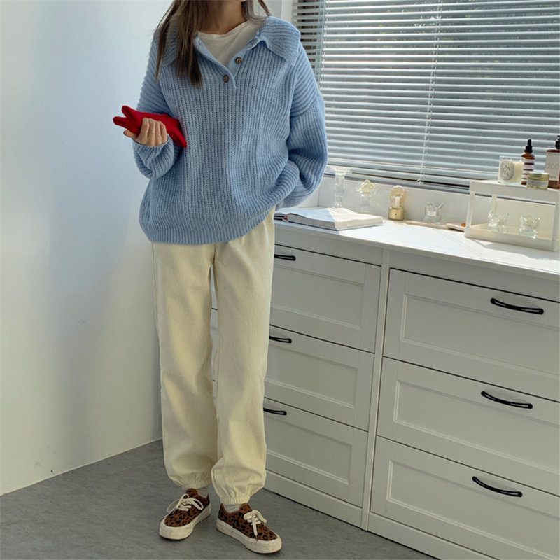 Office Lady Corduroy Slim Retro Fashion High Waist Pants Solid Loose Casual Trousers Warm Chic Women Femme 210421