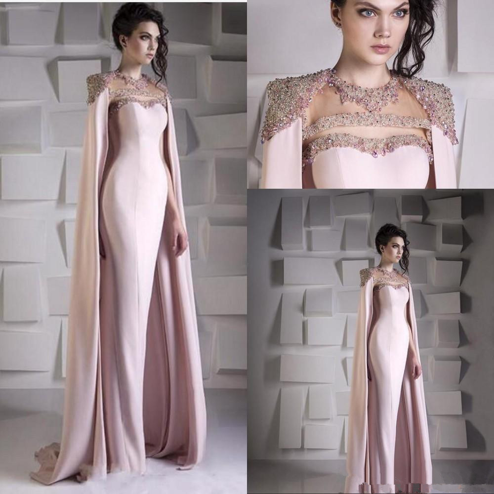 Glitter Mermaid Prom Dresses With Long Wrap Crystal Beaded Neck Sexy Illusion Ruched Satin Pink Evening Dress Formal Party Wear Chic Custom Made Pagea