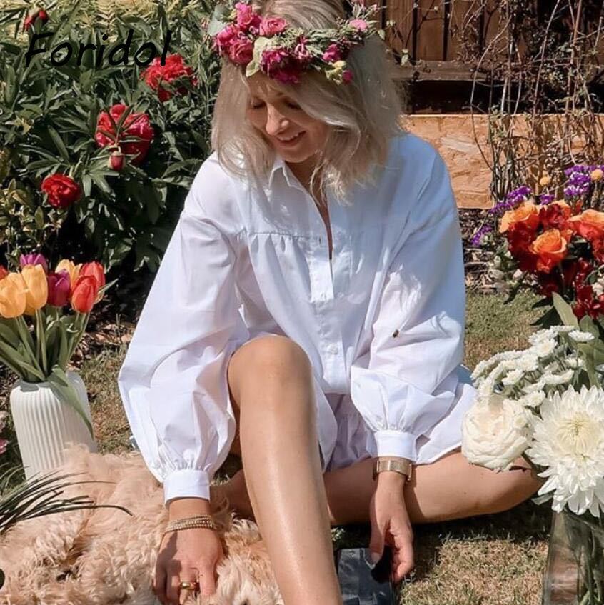 Long Sleeve Women Dress Shirts Button Mini Autumn Spring Solid White A Line Fashion Ruffle Shirt Dresses Casual Vestidos 210415