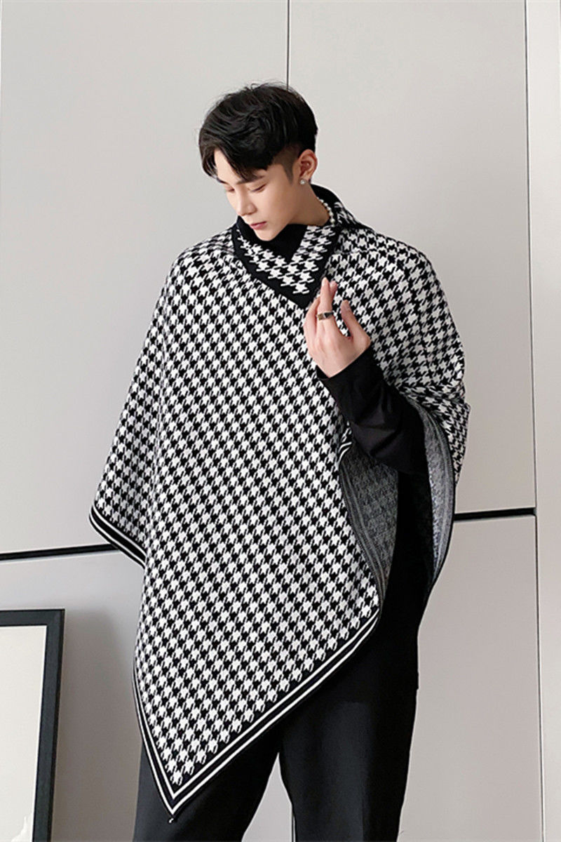 IEFB black white Plaid print Cloak Knit Sweater Men's Fashion Pullover kintwear Tops loose oversized irrgular clothes 9Y4686 210524