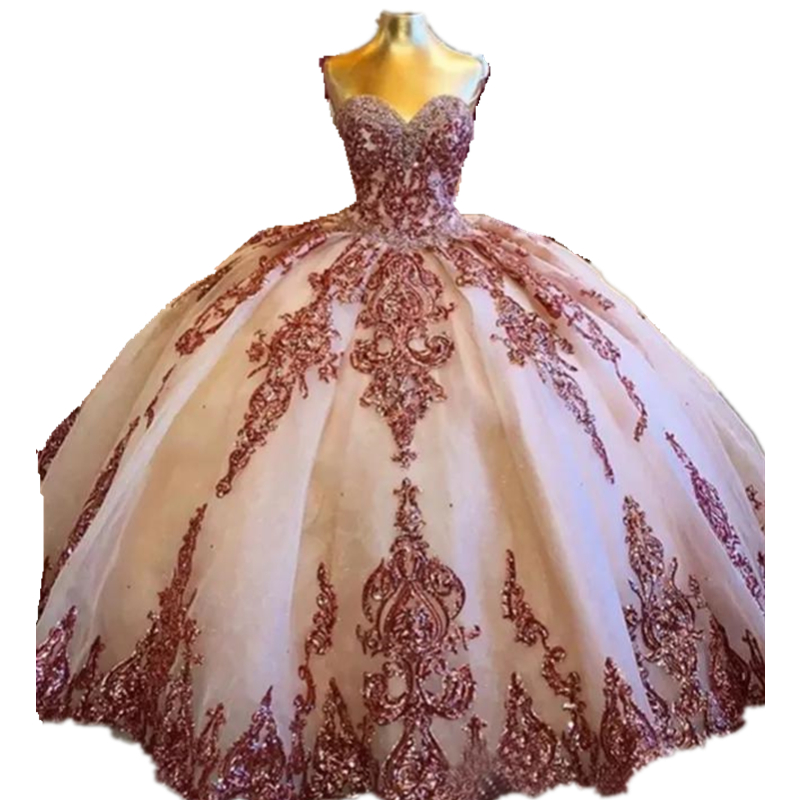 Luxury Shiny Rose Gold Sequined Quinceanera Dresses Princess Sweetheart Sequins Ball Gowns Sweet 16 Dress Corset Back Party Prom Evening Gowns vestido
