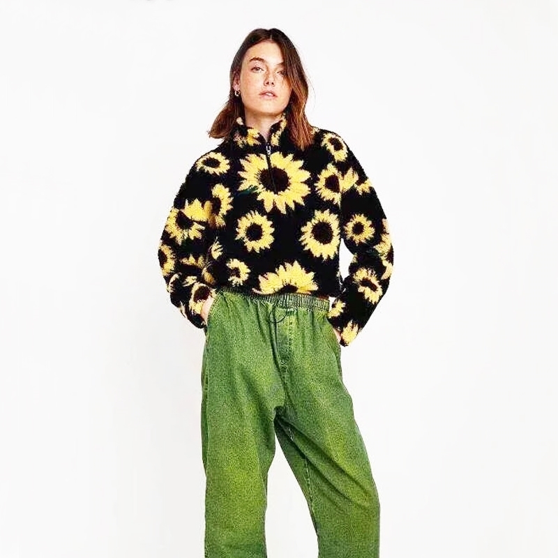 Women Sunflower Print Half Zip Fleece Sweatshirt With Drawstring Hem 210512