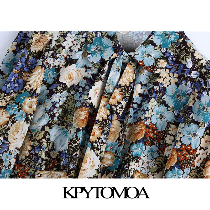 Women Fashion With Bow Tie Floral Print Cropped Blouses Long Sleeve Button-up Female Shirts Chic Tops 210420