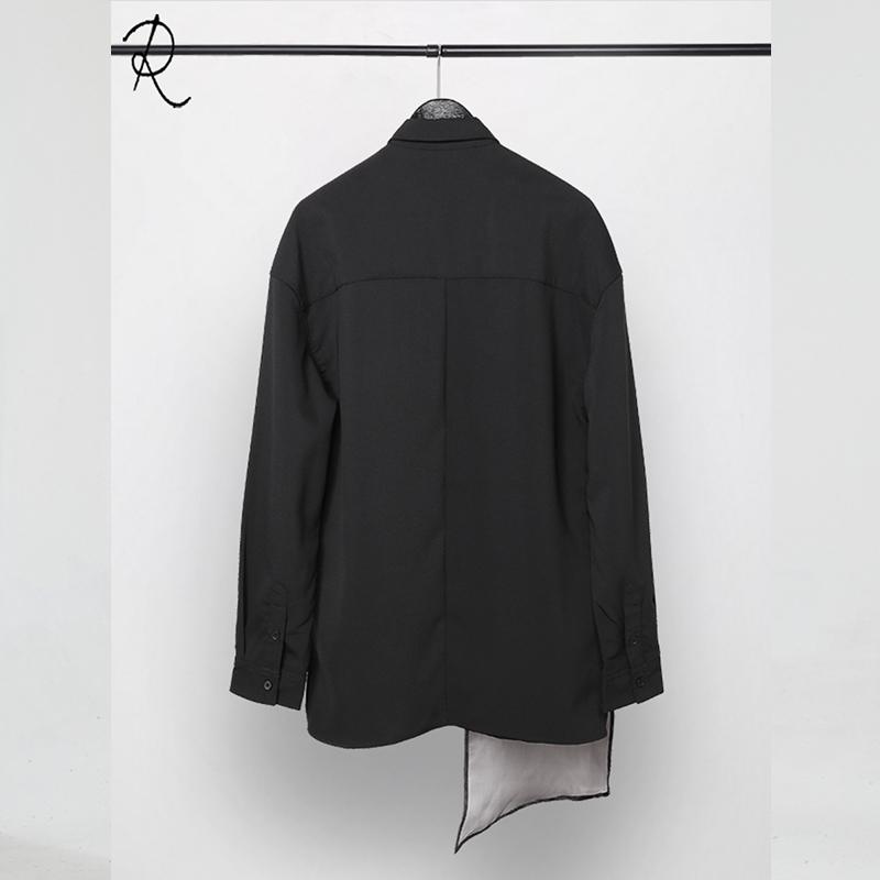 Dark Street Personality Irregular Mesh Patchwork Slim Black Shirt Long Sleeve Men Men's Casual Shirts