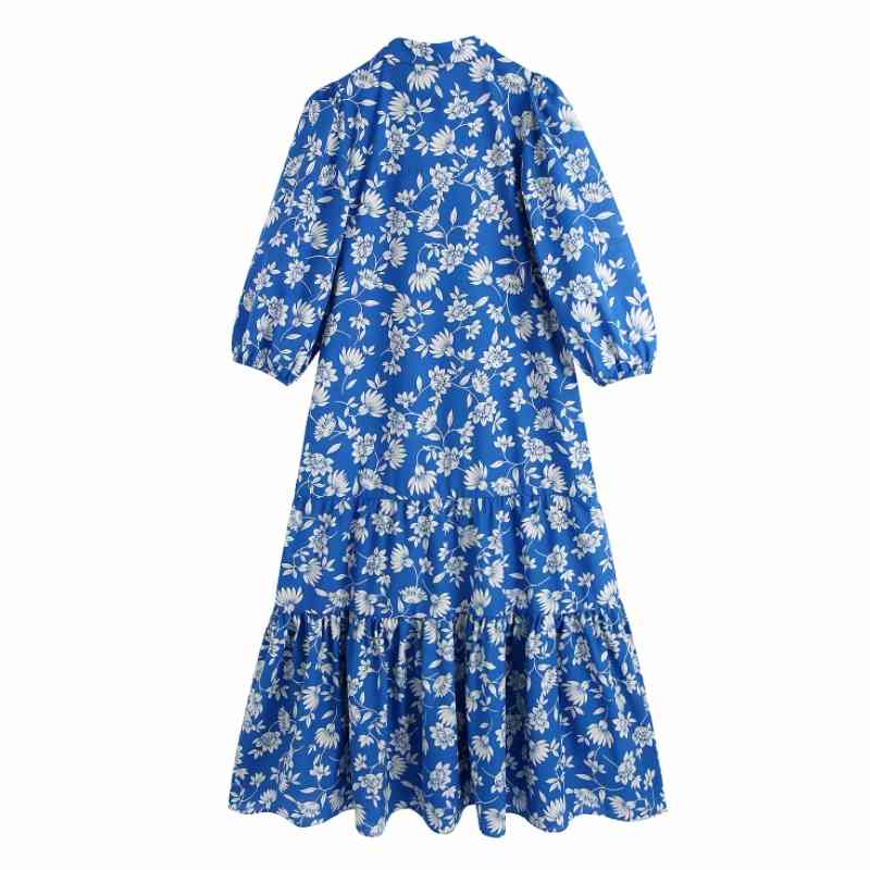 Summer Women Flower Printing Ruffled Hem Midi Shirt Dress Female Lantern Sleeve Clothes Casual Lady Loose Vestido D7618 210430