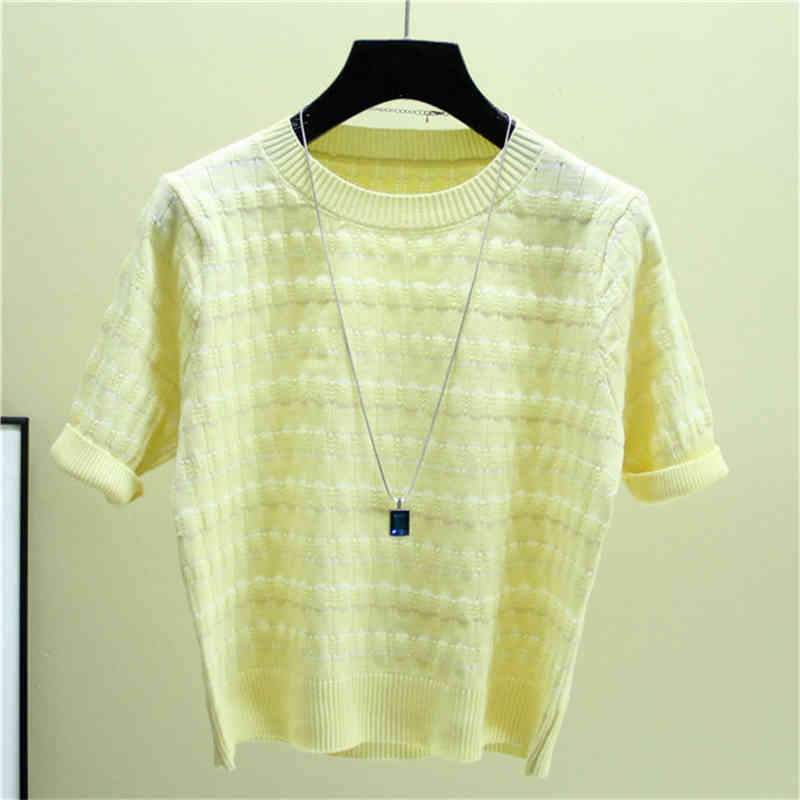Big Size Casual Stripe Thin Women's Knitwear T-Shirt Korean Fashion Short Sleeve Knitted Tops Femlae Summer O-Neck Pullover Tees 210522