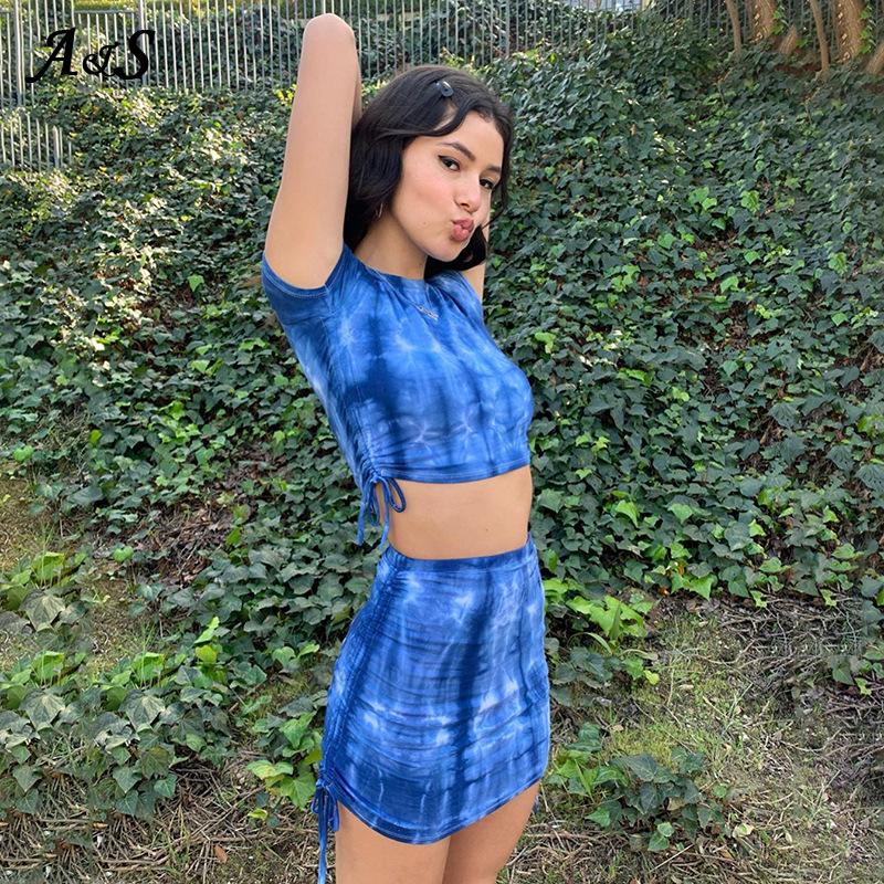 Anbenser Tie Dye Print Women Two Pieces Set Cute Tracksuits Summer Fashion Bandage Sexy Lace Up Ruched Crop Top And Skirts Sets Piece Dress