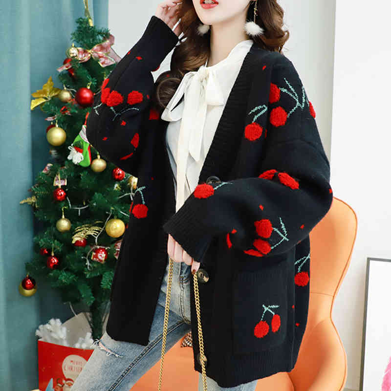 Fruit Cherry Embroidery Knitted Cardigan Autumn V Neck Oversize Woman Sweater Jacket Winter Warm Knitwear 210429