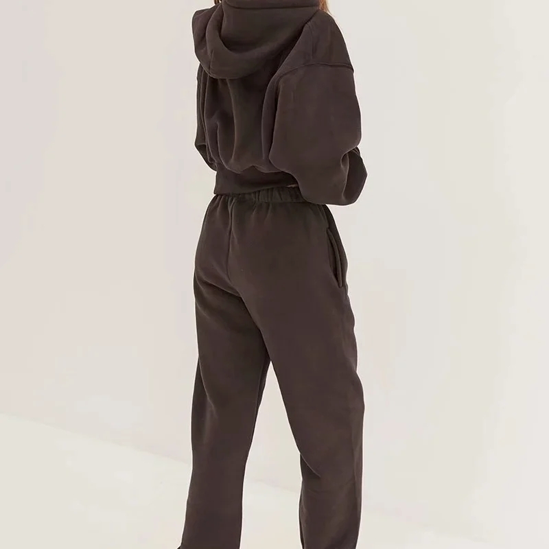 Women Drop Shoulder Kangaroo Pocket Fleece Hoodie & Sweatpants Set For Winter 210512