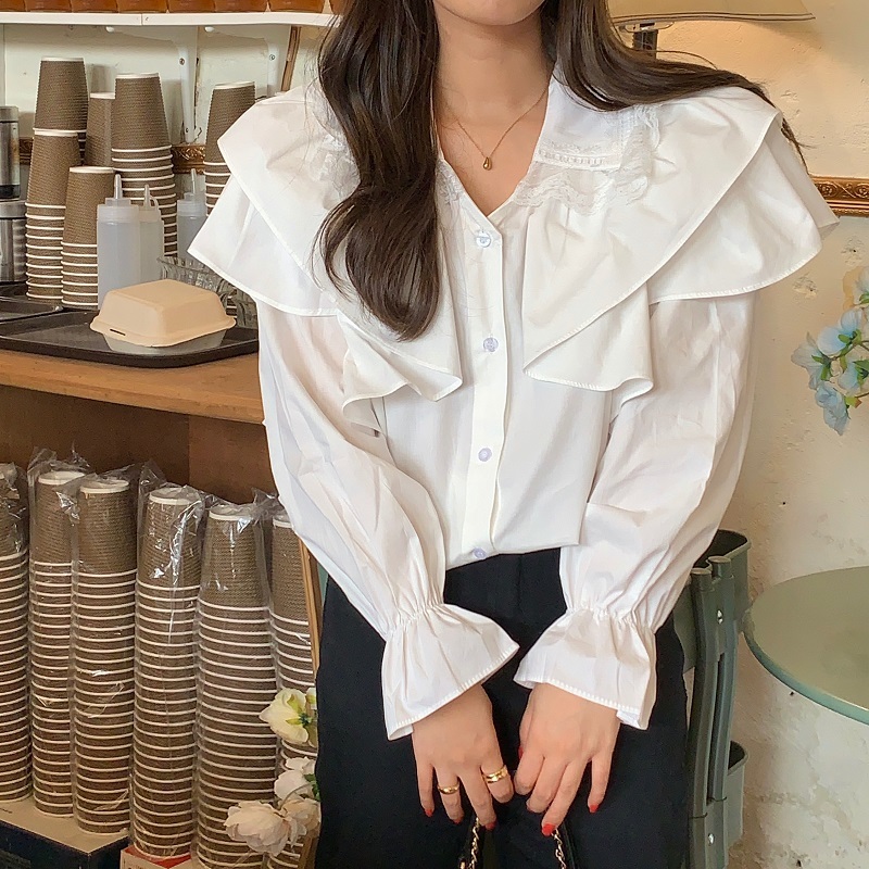 Nomikuma Blouse Women Flare Long Sleeve Lace Patchwork Turn-down Collar Shirt Spring Ruffle Patchwork Causal Blusas 6E092 210427