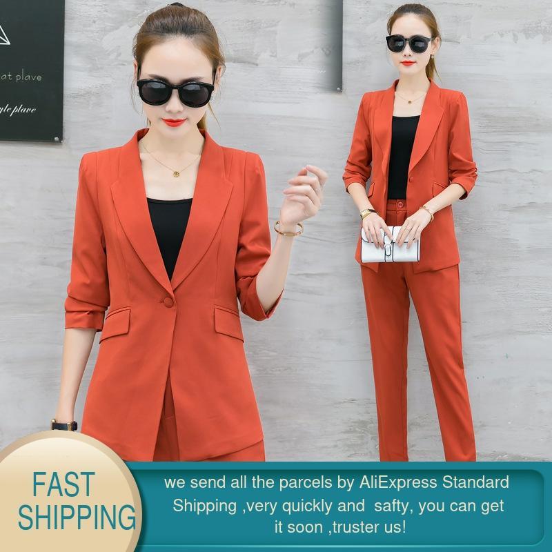 Women's Office Lady Two Pieces Sets Casual Work Blazer High Waist Pants Suits Female Notched Collar Jacket for women 210428