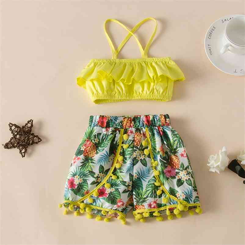 Summer Children Sets Fashion Strap Yellow Ruffles Tops Print Shorts Casual 2Pcs Girls Clothes 1-7T 210629
Summer Children Sets Fashion Strap Yellow Ruffles Tops Print Shorts Casual 2Pcs Girls Clothes 1-7T 210629