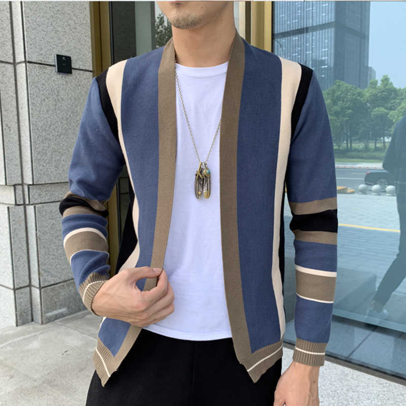 Splicing Contrast Sweater Coat Casual Men Sweatercoat Tricot Cardigan Knitted Sweater Casaco Masculino Hombre Cardigan Sweater 211008